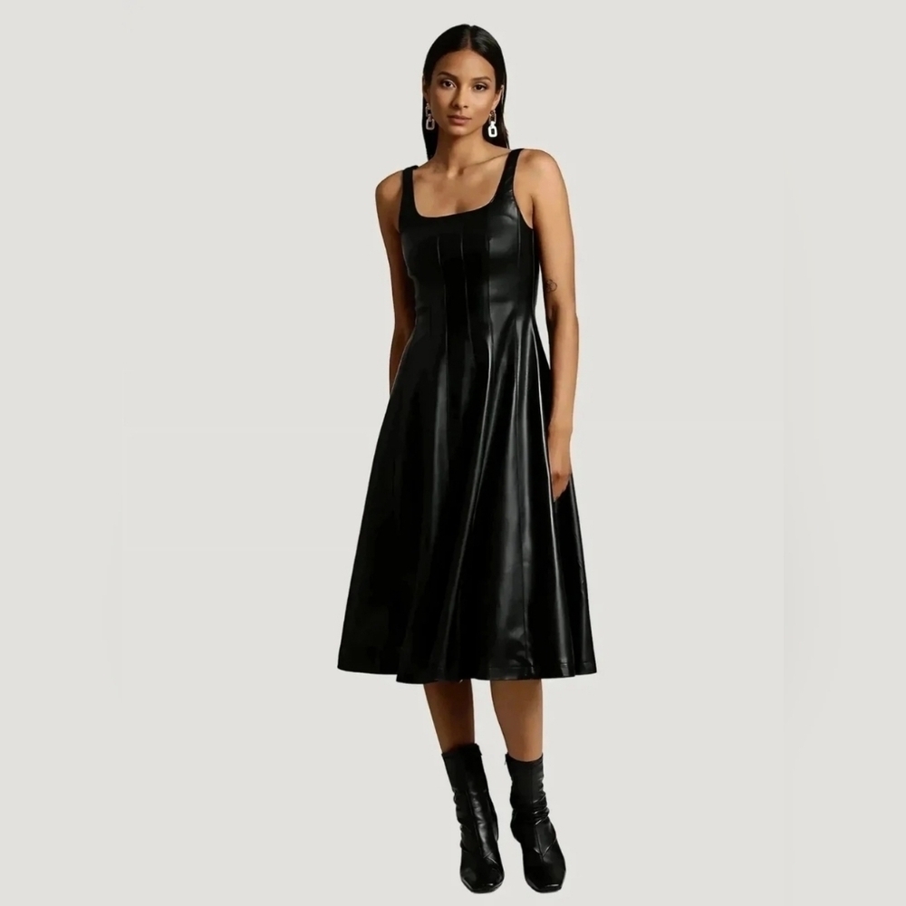 NWT AVEC LES FILLES Faux-Ever Leather Fit-and-Flare Midi Dress size S